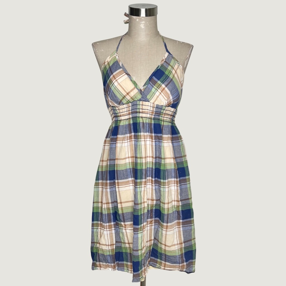 Y2K 2000s Plaid Smocked Halter Cotton Dress Summer Blue Green Size Medium